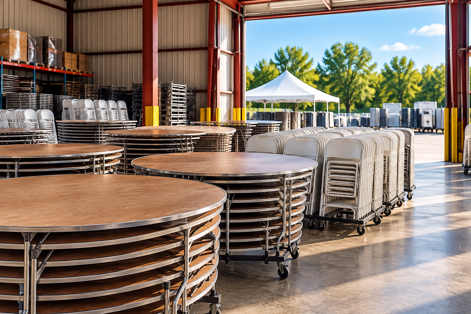 Tables and chairs organized and ready for customer pickup